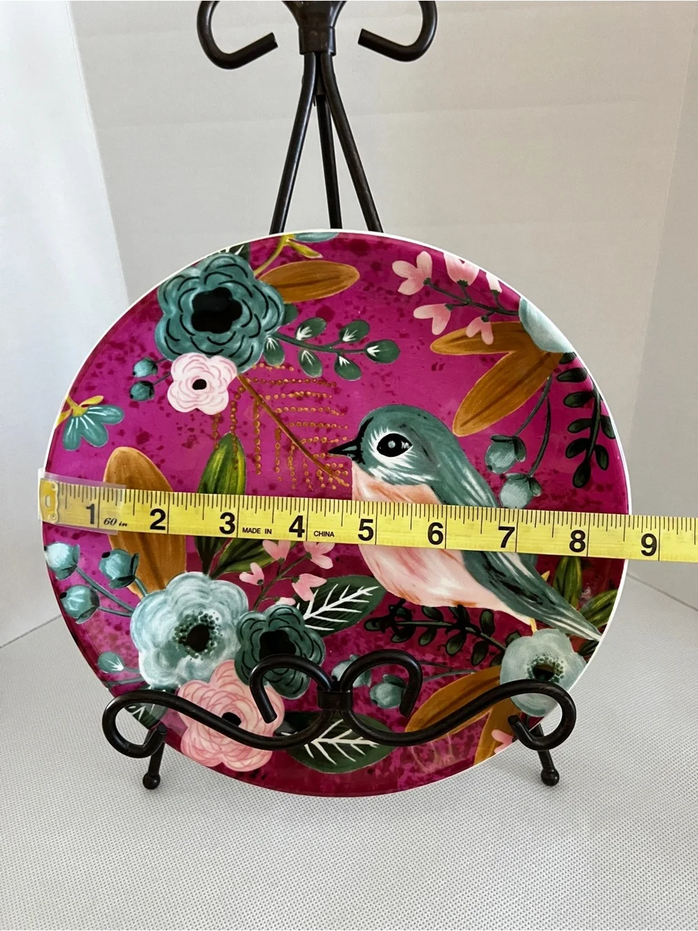Pier 1 Imports Dolomite Ceramic Salad Plate Bird & Flowers Details Magenta 8.5”